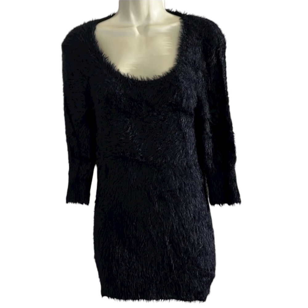 Knitted & Knotted  small black scoop neck mohair blend mini dress 3/4 sleeves